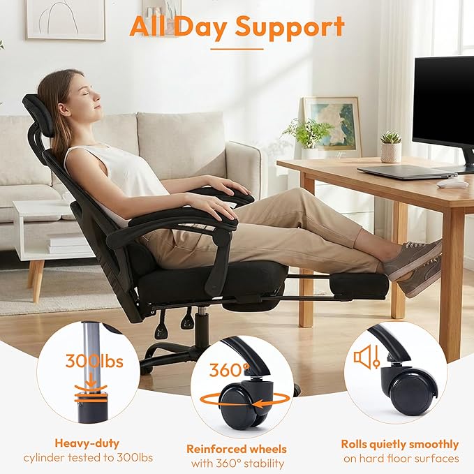 Desk Chair with Foot Rest, High-Back Mesh Office Chair with Wheels, Reclining Gaming Chair with Headrest and Adjustable Lumbar Support, 90°-130° Reclining, for Home Office and Gaming, Classic Black