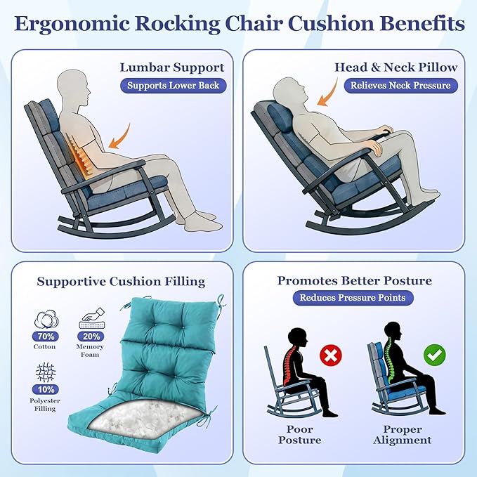 Rocking Chair Cushion, Waterproof and Fade-Resistant Adirondack Rocker Cushions, Indoor/Outdoor Rocking Chair Pads, High Back Memory Foam Patio Furniture Cushions with Ties, 44x23x4 Inch, Teal