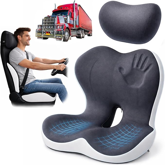 Memory Foam Truck Seat Cushion for Driving, Ergonomic Seat Cushion for Butt & Back Support, Lumbar Support Pillow for Sciatica & Tailbone Pain Relief, Coccyx Pad for Truck Drivers, Office Chair, Car