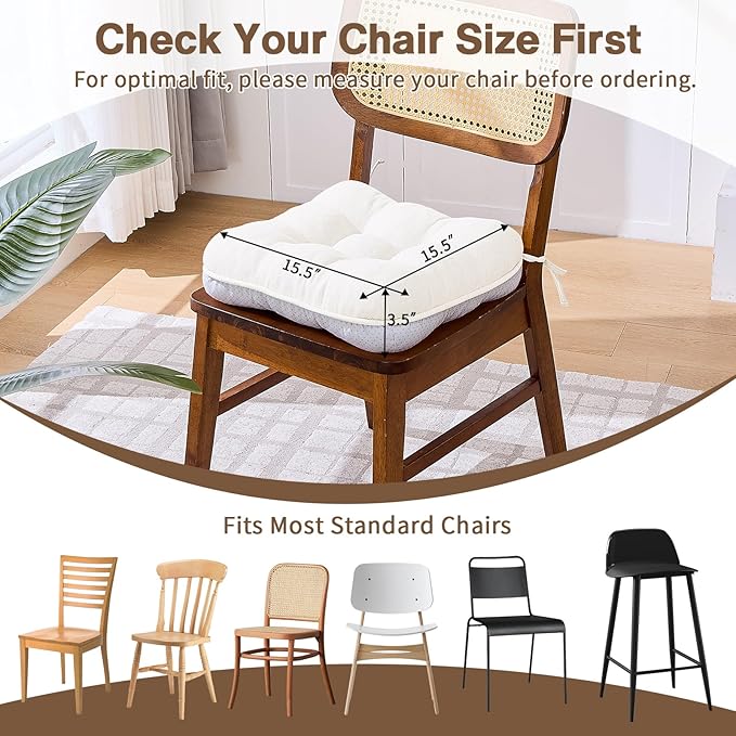 BETU White Chair Cushions for Dining Chairs Set of 6,3.5" Thick Kitchen Table Chair Pads with Ties,Non Slip Backing and Covers, Seat Cushion for Dining Room,Bar,Patio Chairs,15.5"X15.5"X3.5",White