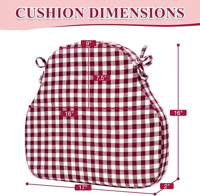 Burgundy Gingham Winsor Chair Cushions with Ties, Foam Dining Kitchen Chair Seat Pads Non Slip Removable Washable 17"x16" Set of 4