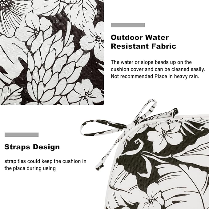 DYTXIII Set of 2 Outdoor Chair Cushions with Ties, Water Repellent Patio Chair Pads 17"x 16" for Outdoor Furniture, Round Corner Seat Cushions for Garden Yard Kitchen Tropical Blossom Noir