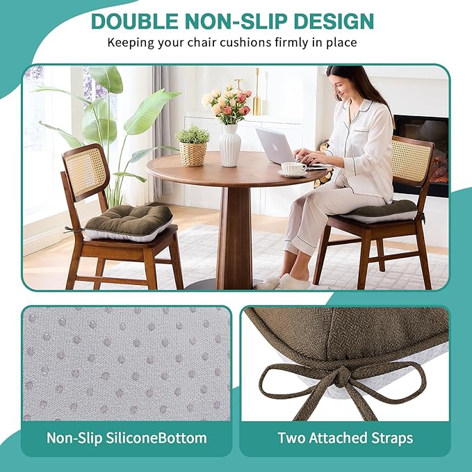 BETU Chair Cushions for Dining Chairs Set of 6,3.5" Thick Kitchen Table Chair Pads with Ties,Non Slip Backing and Covers, Seat Cushion for Dining Room,Bar,Patio Chairs,15.5"X15.5"X3.5",Brown