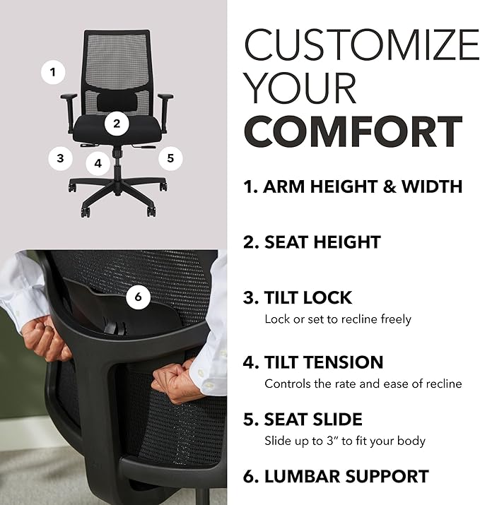 HON Ignition 2.0 Mid Back Task Chair, Standard Synchro-Tilt Control, Office Chair with Lumbar Support, Height and Width Adjustable Arms, Black Frame, Black