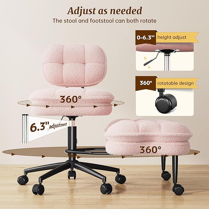 DurayLoly Ergonomic Criss Cross Office Chair, Swivel Chair with Wheels & Backrest, Comfy Office Chair with Foot Rest for ADHD, Height Adjustable, Thicken Cushion, Teddy Fabric, Light Pink