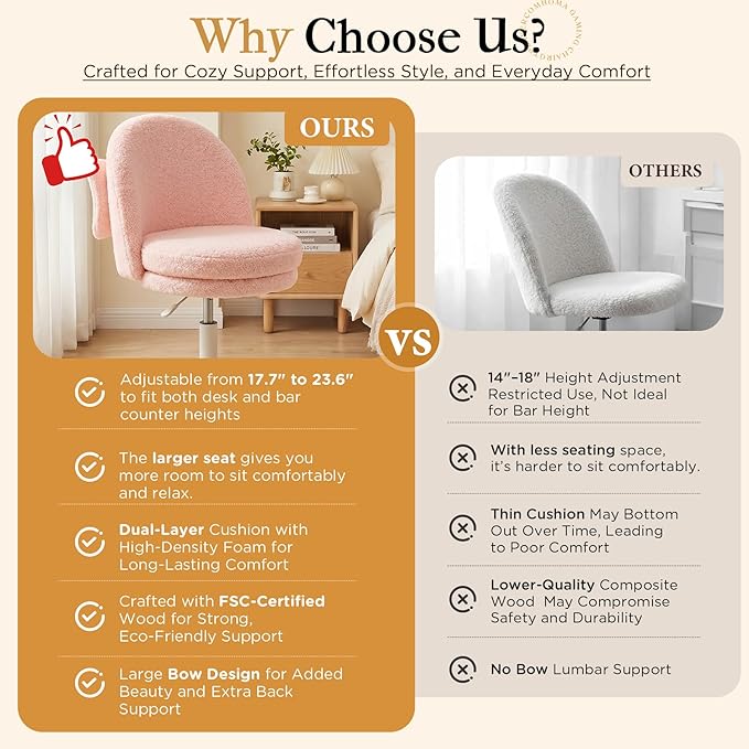COMHOMA Vanity Chair with Wheels Velvet Tall Office Chair with Back,Armless Desk Chair Comfy Height Adjustable, Soft Lumbar Support for Girls Bedroom Home Vanity Bow Pillow for Gift Pink