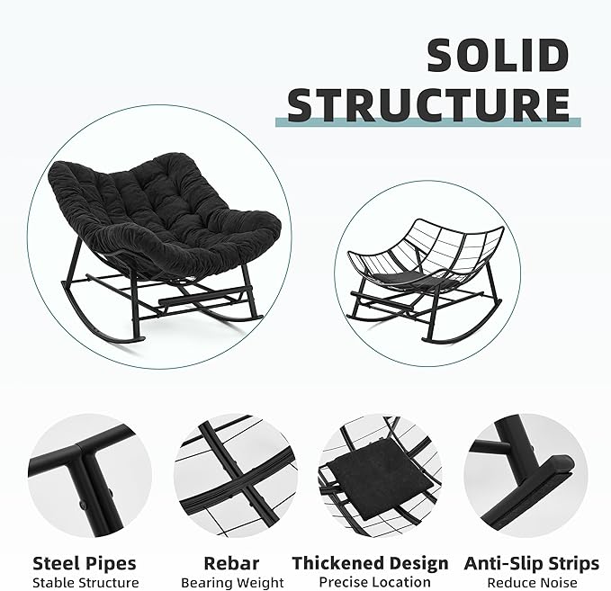 Oversized Rocking Chair Indoor with Foot Rest, Papasan Rocking Chair Outdoor, Lounge Chair with Cushion, Patio Egg Rocker Chairs, Comfy Reading Chairs for Living Room,Garden, Lawn, Dark Grey