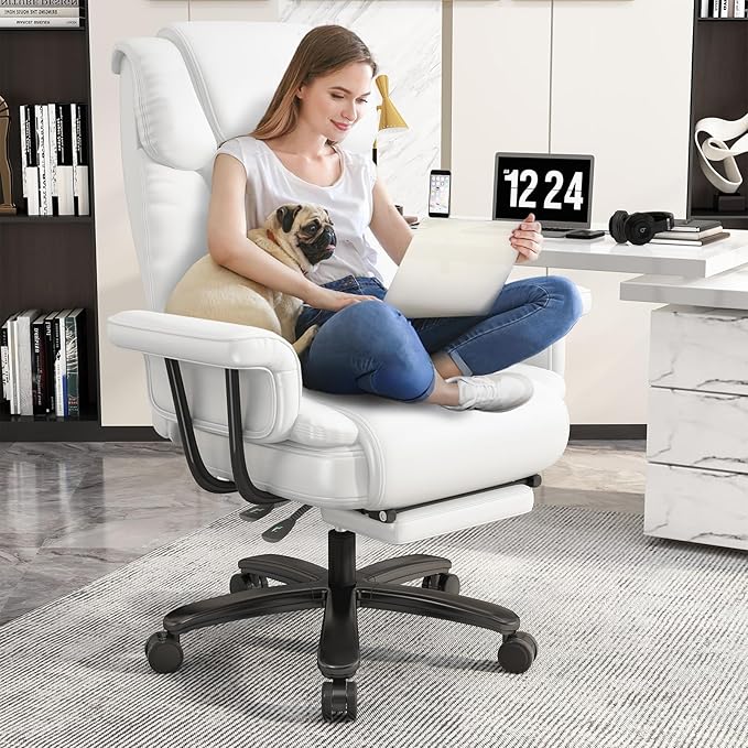 GYI 160° Reclining Office Chair with Footrest, Big and Tall High Back Home Office Chair, Leather Computer Desk Chair with Cross Legged Seat, Arms, Wheels, White