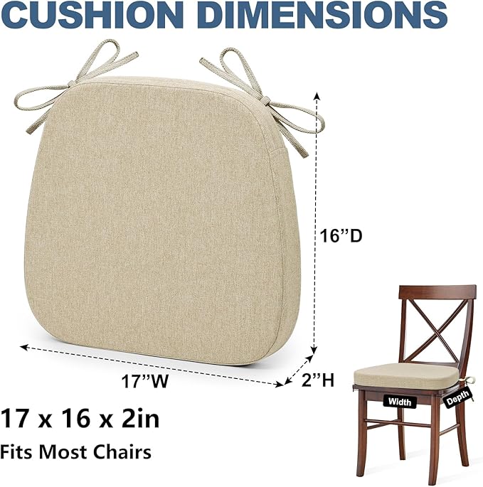Shinnwa Kitchen Chair Cushion, Non-Slip Dining Chair Cushion with Detachable Straps and Machine Washable Cover, 17x16x2in, Beige