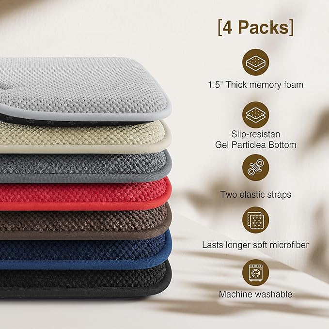 puredown® Chair Cushions for Dining Chairs, Set of 4 Memory Foam Seat Cushions with Non-Slip Backing & Ties, 16" x 16" x 1.5", Comfortable & Supportive Dining Chair Pads for Kitchen, Grey