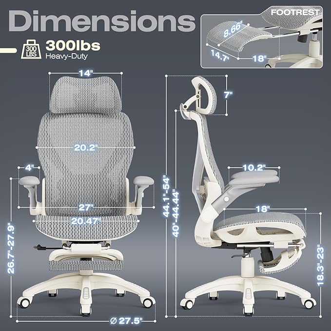 ELABEST X100 Ergonomic Mesh Office Chair with Footrest, Big and Tall Hone Desk Chair with 5D Flip-Up Arms, Adjustable 3D Lumbar Support,Gaming & Executive Computer Chairs (First Light)