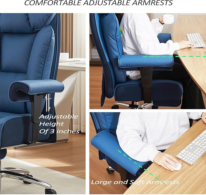 Efomao Big and Tall Office Chair 400lbs - Heavy Duty Executive Desk Chair with Foot Rest & 23" Wide Seat - High Back Ergonomic Leather Computer Chair for Heavy People, Home Office, Blue