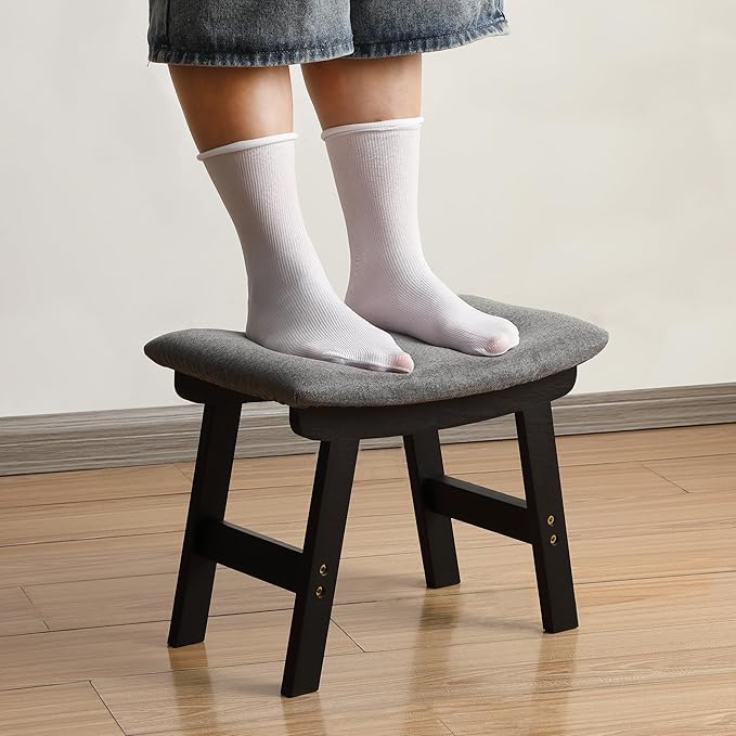 BAMBOO LAND- Bamboo Foot Stools Ottoman, Gray Cushion & Black Wood Legs, Small Ottoman Foot Rest for Couch