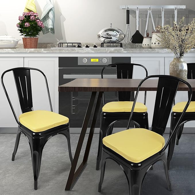 SINOSSO Modern Faux Leather 14" Metal Chair Cushion, Leathaire Magnetic Chair Pad for Dining Kitchen Cafe Bistro Stackable Chair (U-Shape, Yellow, 1)