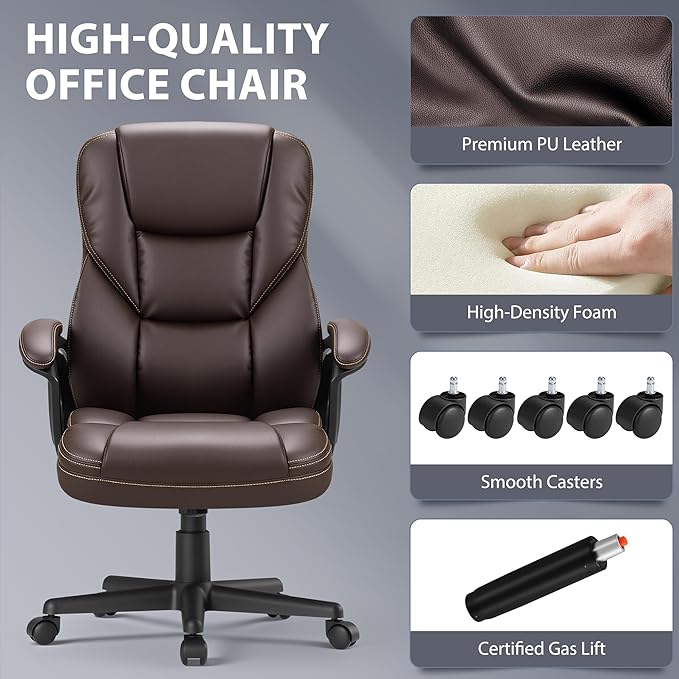 Shahoo Ergonomic Office Chair Executive PU Leather Chair with Comfortable Head Rest, Thickened Cushioned Armrest and Lumbar Support for Office & Home, Brown