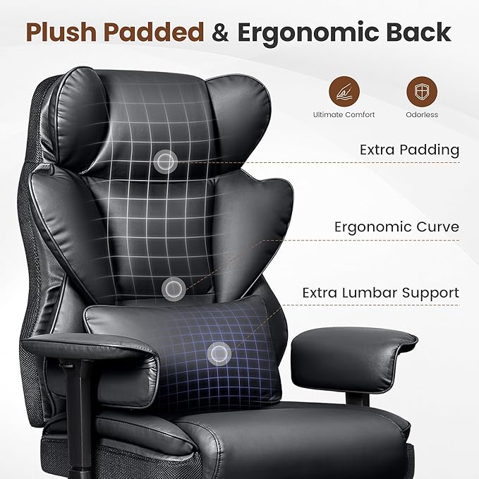 BESTFAIR Big and Tall Office Chair - Heavy Duty 400 LBS Executive Chair with Lumbar Support & Foot Rest, High Back Ergonomic Desk Chair, Padded Wide Seat Gaming Chair, Adjustable Armrests, Black