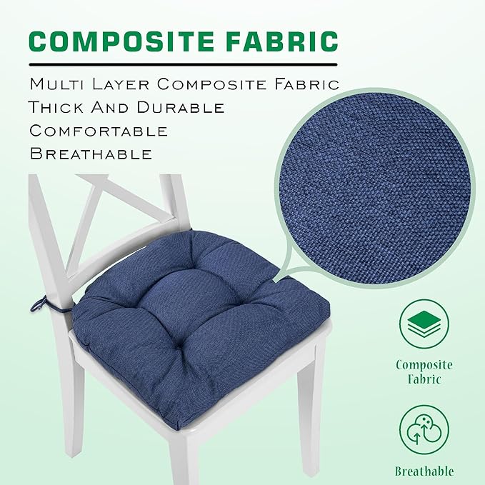 SQUARE MOON Chair Cushions for Dining Chairs, 3 Inch Thick Comfortable Kitchen Chair Pads, Dining Room Seat Cushions with Ties, Machine Washable, 17" x 16" x 3", 4/Pack, Navy
