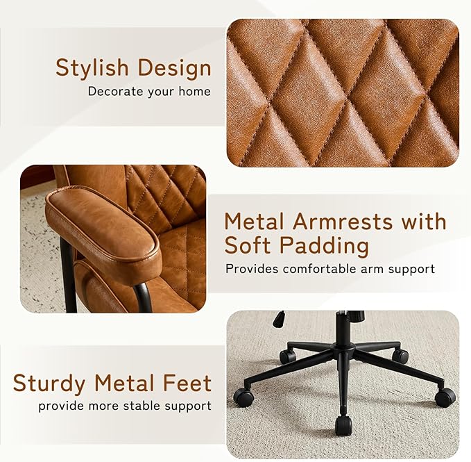 Furniliving Leather Office Chair, Comfy Home Office Desk Chair, Mid Century Modern Office Chair with Lumbar Support, Mid-Back Adjustable Swivel Computer Chair with Wheels and Arms, Brown