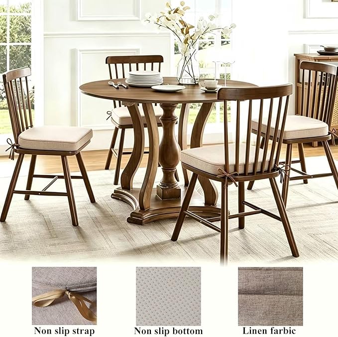 18x18 Inch Chair Pads for Dining Chairs Set of 2 with Ties Non Slip Washable Seat Cushion with Zipper Indoor Round Back Chair Cushions for Kitchen, Khaki