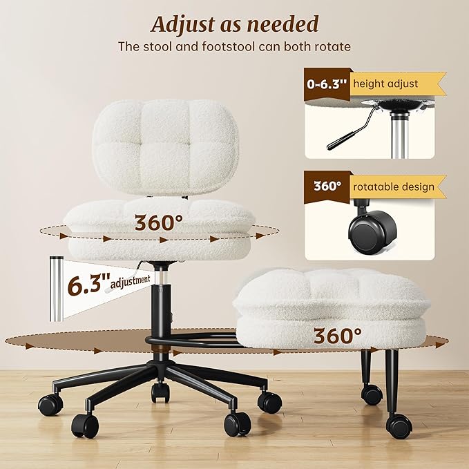 DurayLoly Ergonomic Office Chair, 360° Swivel Meditation Chair with Wheels, Height Adjustable Office Chair with Foot Rest for ADHD, Thicken Cushion & Backrest, Teddy Fabric, Off-White