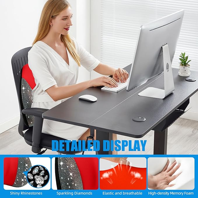 Lumbar Support Pillow with Diamond, Memory Foam Lumbar Pillow for Office Chair for Lower Back Pain Relief, Car Lumbar Support for Driving Seat, Back Support Pillow for car Chair (Red)
