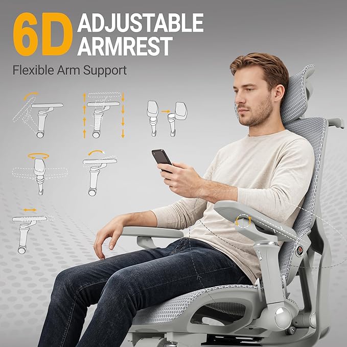 Furmax Ergonomic Office Chair, High Back Executive Chair with Heated Massage Lumbar Support, 6D Armrests, Adjustable Headrest & Footrest, Breathable Full-Mesh Design, Gray