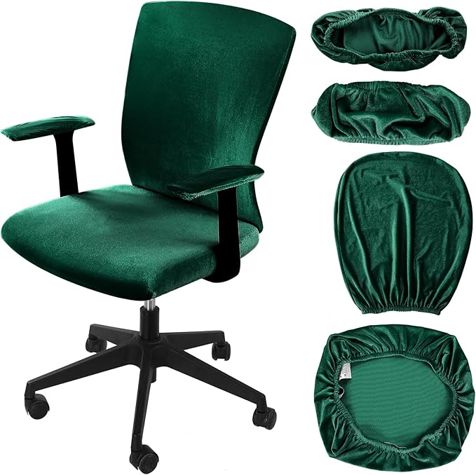 Tallew 4 Pcs Office Chair Covers Set Computer Universal Protective Stretchable Chair Seat Covers Desk Armrest Slipcovers Pads Office Cushion Backrest for Rotating(Dark Green)