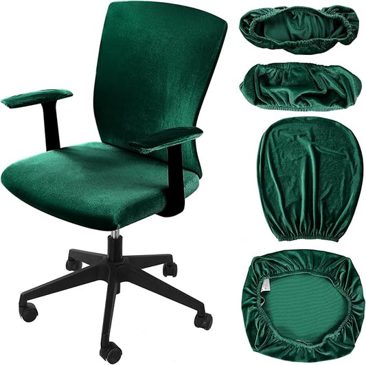 Tallew 4 Pcs Office Chair Covers Set Computer Universal Protective Stretchable Chair Seat Covers Desk Armrest Slipcovers Pads Office Cushion Backrest for Rotating(Dark Green)