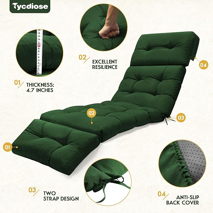 Outdoor Chaise Lounge Chair Cushion Set of 4, Thickened 74.4 x 22 x 4.7 Inches Memory Foam Waterproof Lounge Chair Cushions Replacement for Outdoor Furniture with Ties, Green