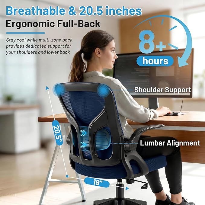 Office Chair Ergonomic Desk Chair with Adjustable Lumbar Support, High Back Breathable Mesh Chair with 120° Tilt Function & Flip-Up Armrests, Swivel Comfy Task Computer Chair for Work, Study