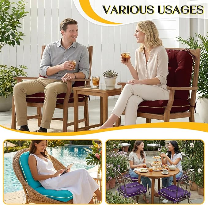 1 MIDDLE ONE Outdoor Chair Cushions Set of 2, Outdoor Cushions for Patio Furniture and Wicker Chair, Memory Foam Patio Seat Cushion Pads with Ties, 19 x 19 Inch (Purple)