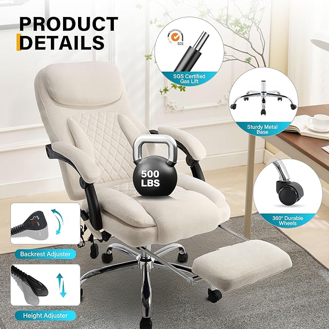 6-Point Massage Office Chair with Heated, Ergonomic Office Chair with Footrest & 45°Reclining High Back, Big and Tall Executive Office Chair 500LBS, Thick Cushion Desk Chair for Home Office, Beige