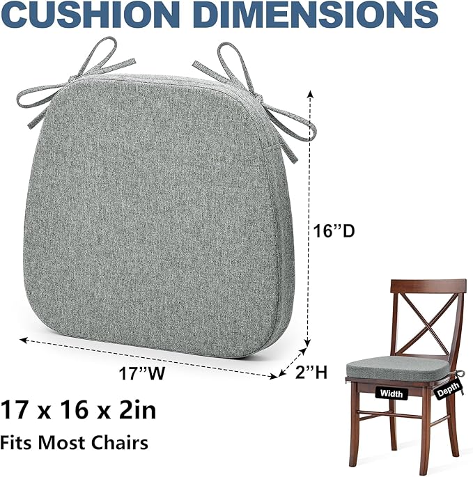 Shinnwa Seat Cushion for Kitchen Chair, Non-Slip Dining Chair Cushion with Detachable Straps and Machine Washable Cover, 17x16x2in, Grey