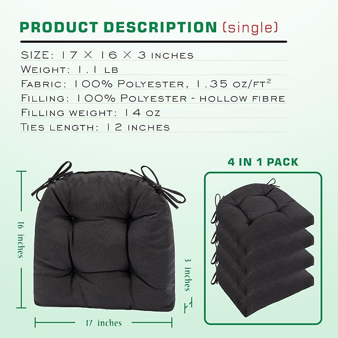 SQUARE MOON Chair Cushions for Dining Chairs, 3 Inch Thick Comfortable Kitchen Chair Pads, Dining Room Seat Cushions with Ties, Machine Washable, 17" x 16" x 3", 4/Pack, Black