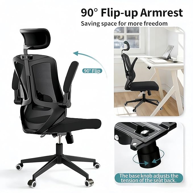 Ergonomic Office Chair - 350LB Comfy Desk Chairs with Adjustable Headrest and Lumbar Back Support, Mesh Computer Chairs with Wheels and Arms for Home Office, Study (Black-with Headrest)