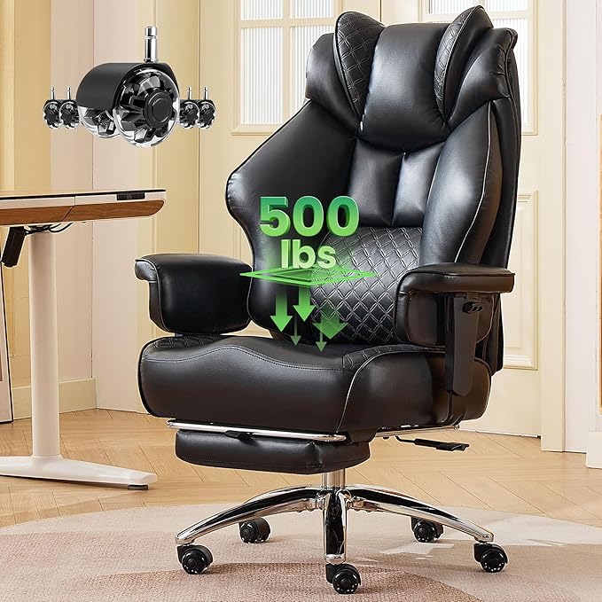 500lbs Big and Tall Office Chair Adjustable Lumbar Support, Extra Wide Seat Ergonomic Gaming Chair with Footrest, Heavy Duty High Back Executive Leather Computer Desk Chair (Black)