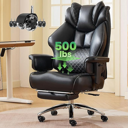 500lbs Big and Tall Office Chair Adjustable Lumbar Support, Extra Wide Seat Ergonomic Gaming Chair with Footrest, Heavy Duty High Back Executive Leather Computer Desk Chair (Black)