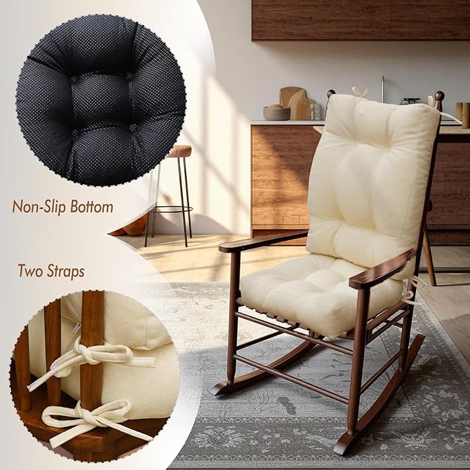 Rocking Chair Cushion, Set of 2, with Thicken Seat & Lumbar Support Back Cushion, Ergonomic Chair Cushion Non-Slip Bottom with Ties for Indoor/Outdoor Rocker, Office Chair, 22X17 Inch, Cream Color