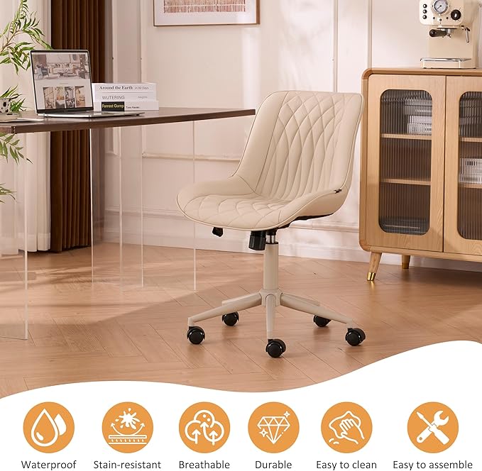 YOUNIKE Cream Faux Leather Ergonomic Office Chair Armless Comfy Desk Chair with Rocking Back Cute Swivel Vanity Chair with Wheels Height Adjustable Small Computer Task Chair for Sewing Drafting