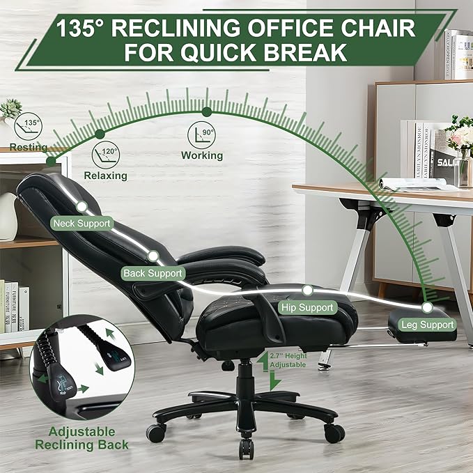 Reclining Office Chair with Retractable Footrest & Adjustable Lumbar Support - 500 lbs Capacity for Big and Tall Users, Leather Executive Desk Chair for Home Office, Work, and Relaxation, Black
