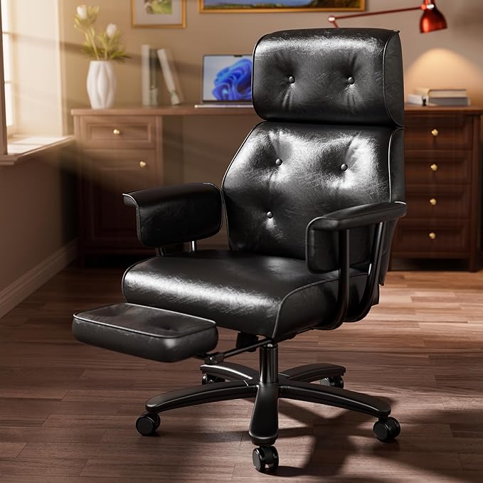 SeekFancy Criss Cross Chair with Wheels and Arms, Reclining Office Chair with Footrest and Wide Seat, Leather Big and Tall Desk Chair 400LBS, Button Tufted Vintage Design, Black