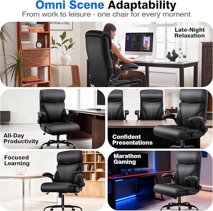 AreShark Executive Office Chair - 400lbs Heavy Duty Ergonomic Desk Chair with Comfy Cushion, High Back Breathable Leather Computer Chair with Flip-up Arms & Rocking Function for Home Office