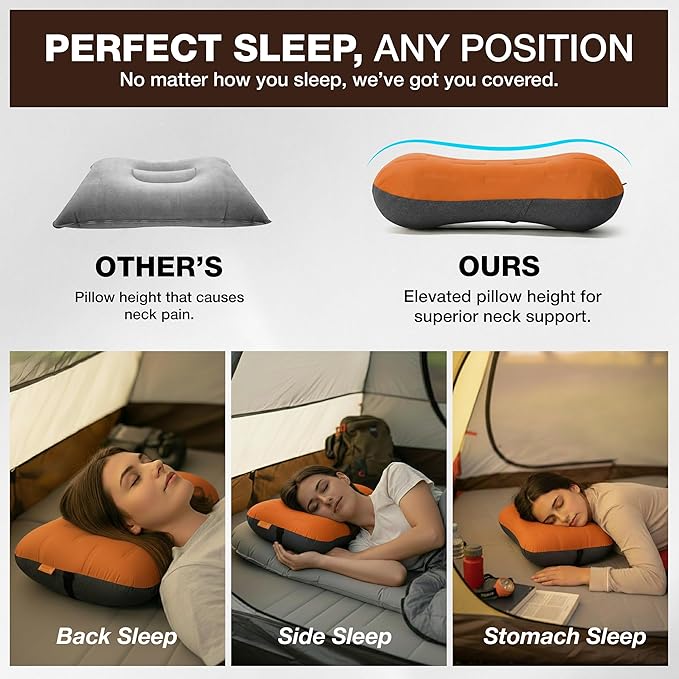 Inflatable Camping Pillow - Ultralight Compact Air Pillow for Travel, Backpacking & Hiking - Ergonomic Neck & Lumbar Support - Portable Inflatable Pillow with Removable Washable Cover -(Orange 2 Pack)