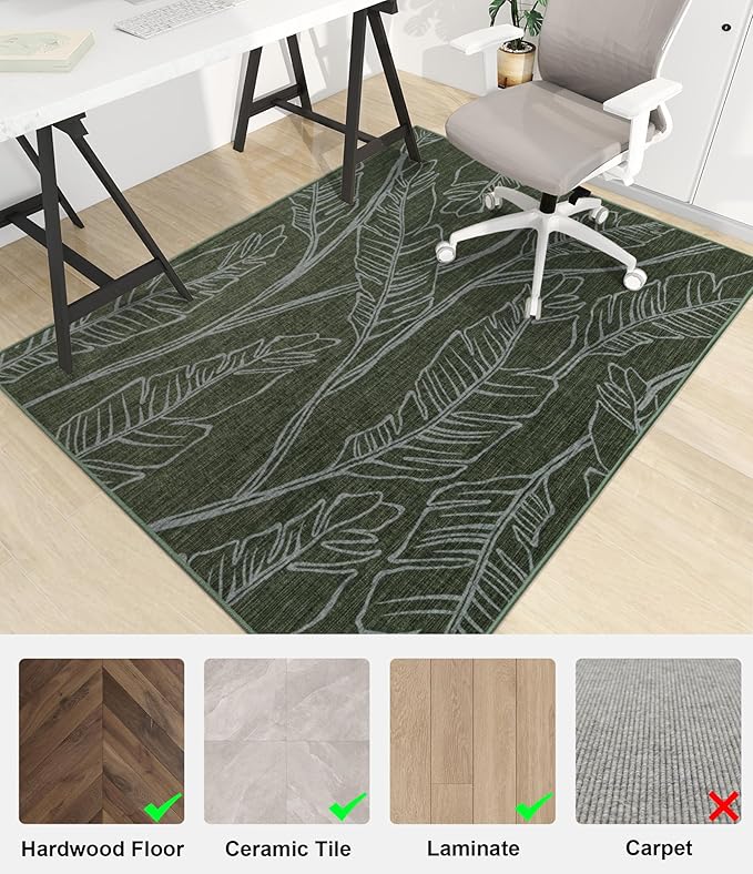 chakme Office Chair Mat for Hardwood Floor, 60"x45" Easy Glide Computer Desk Mat Protector for Rolling Chair Under Desk Rug Nonslip Backing, Machine Wash, (Dark Green Leaf)