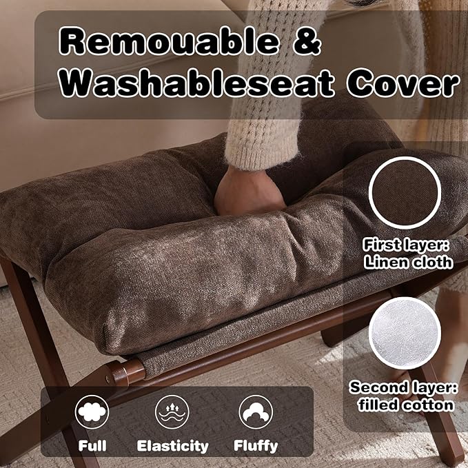 Baveke Ottoman Foot Rest- Bamboo Folding Stool, Foot Stools Small Ottman with Upholstered & X Legs, Foldable Stool for Makeup, Bedroom and Living Room (Large Brown)