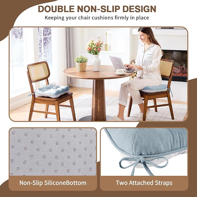 BETU Chair Cushions for Dining Chairs Set of 6,3.5" Thick Kitchen Table Chair Pads with Ties,Non Slip Backing and Covers, Seat Cushion for Dining Room,Bar,Patio Chairs,15.5"X15.5"X3.5",Smoky Blue