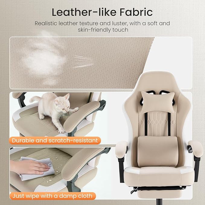 Sweetcrispy Computer Gaming Chair - High Back Ergonomic Desk Chair with Footrest and Lumbar Support, Height Adjustable Task Chair with Linkage Armrests and Headrest, 360°Wheels, Fabric, Khaki