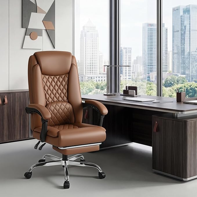 Shahoo Big and Tall Office Chair Height Adjustable Faux Leather Chair with Footrest and Lumbar Support, Ergonomic High Back Computer Chair with 360° Swivel Wheels Task Chairs for Office Home, Brown