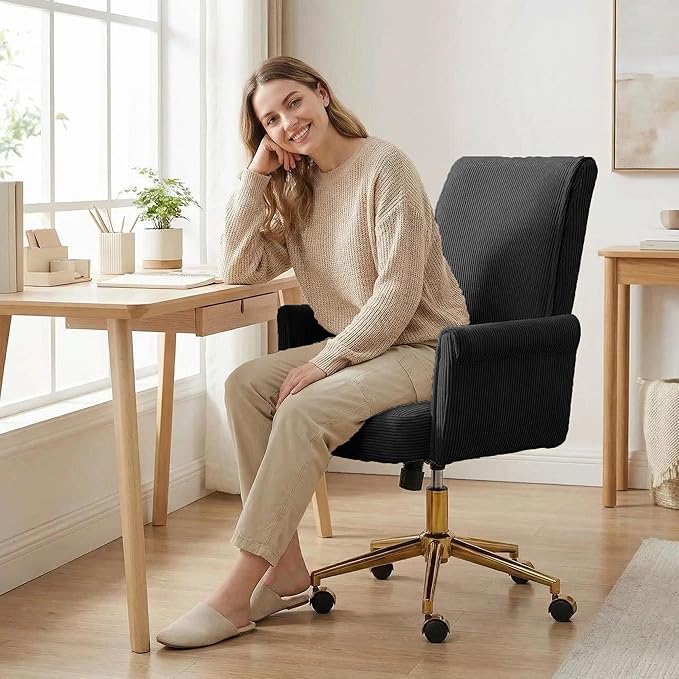 Stripes Velvet Home Office Desk Chair, Accent Upholstered Modern Height Adjustable Swivel Chair with Wheels,Ergonomic Task Chair for Living Room,Bedroom,Vanity,Study,Office（Black）