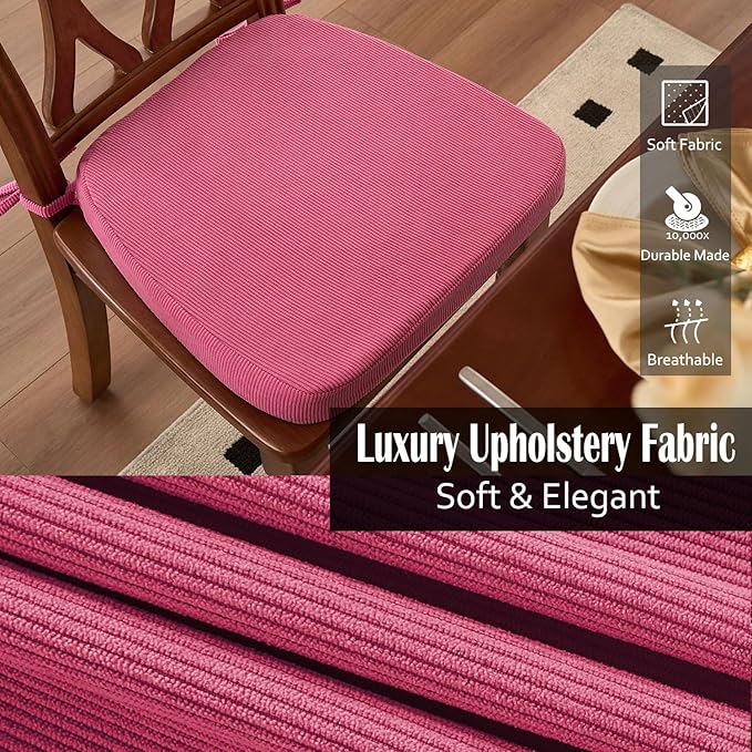 2'' Thick High-Density Foam Indoor Chair Cushions | Dining Chair Pads with Ties, Removable Washable Cover, Kitchen Chair Cushions 17"x16",Rose Red 2 Pack